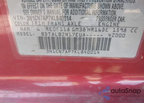 2019 Nissan Versa 1.6 Sv from USA, damaged, VIN 3N1CN7AP7KL840014